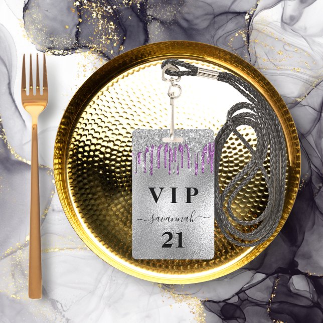 Birthday party silver purple glitter drips vip  ID badge (Creator Uploaded)