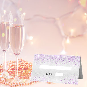 Birthday party silver purple glitter dust metal place card