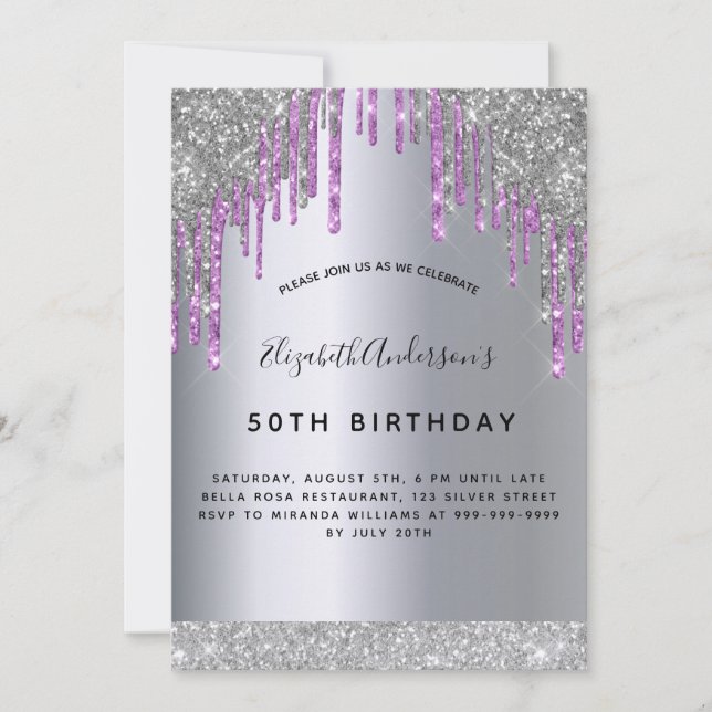 Birthday party silver purple glitter sparkle invitation (Front)