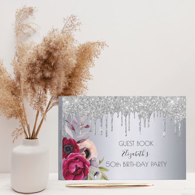 Birthday party silver rose gold glitter floral guest book (Creator Uploaded)