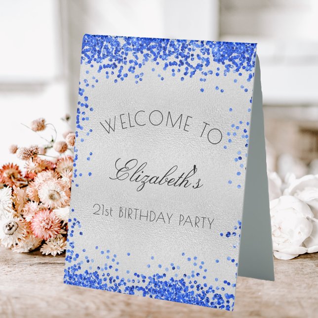 Birthday party silver royal blue confetti welcome (Creator Uploaded)