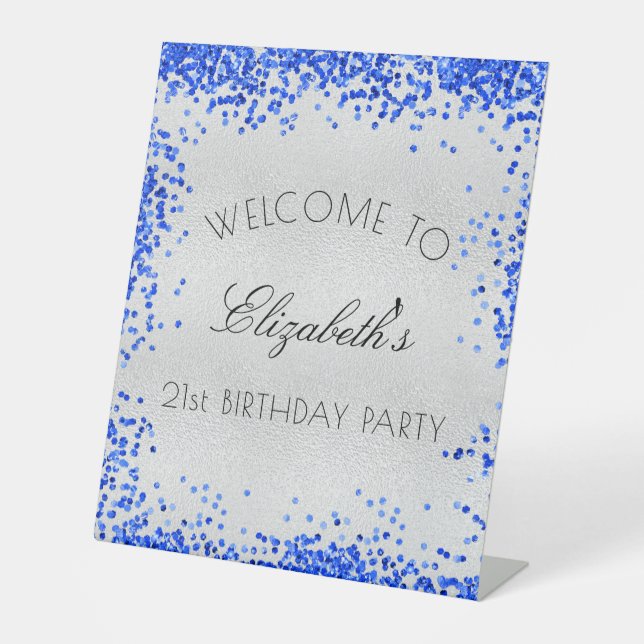 Birthday party silver royal blue confetti welcome  pedestal sign (Front)