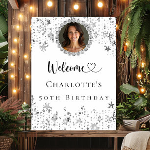 Birthday party silver stars photo diamonds welcome poster