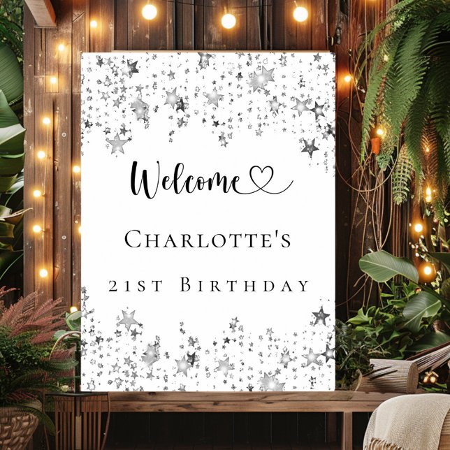 Birthday party silver stars welcome poster (Creator Uploaded)