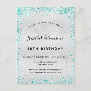 Birthday party silver teal glitter glam invitation postcard