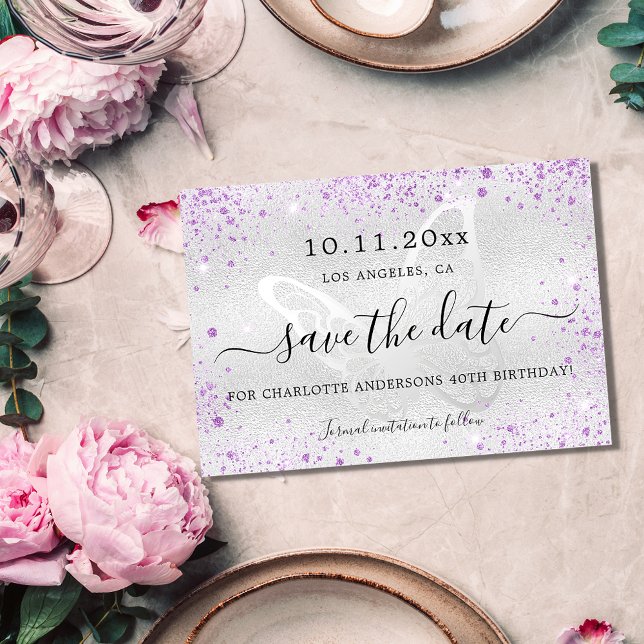 Birthday party silver violet glitter butterfly save the date (Creator Uploaded)
