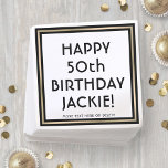 Birthday Party Simple Stylish Black White and Gold Napkin<br><div class="desc">Add an elegant touch to birthday party decorations with custom black, white and gold paper napkins. All wording on this template is simple to personalise. The design features a square faux foil border, modern script calligraphy, and stylish vintage typography. It can be customised for any occasion or to include a...</div>