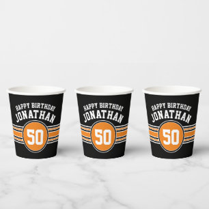 Birthday Party Sporty Stripes & Age - Orange Black Paper Cups