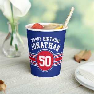 Birthday Party Sporty Stripes & Age - Red Blue Paper Cups