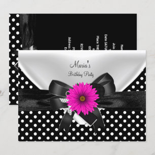 Birthday Party Spot Polka Dot  Black White Pink 4 Invitation