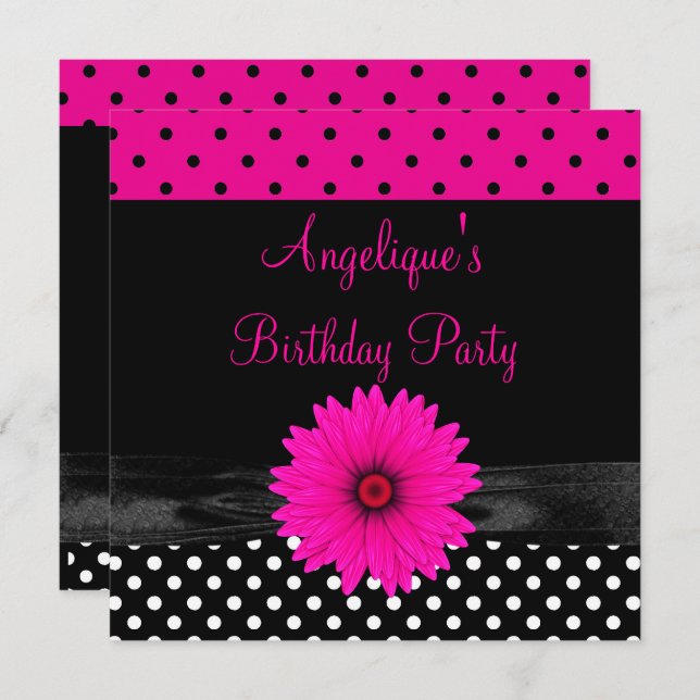Birthday Party Spot Polka Dot  Black White Pink Invitation (Front/Back)