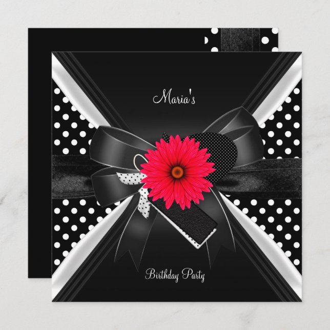 Birthday Party Spot Polka Dot  Black White Red Invitation (Front/Back)