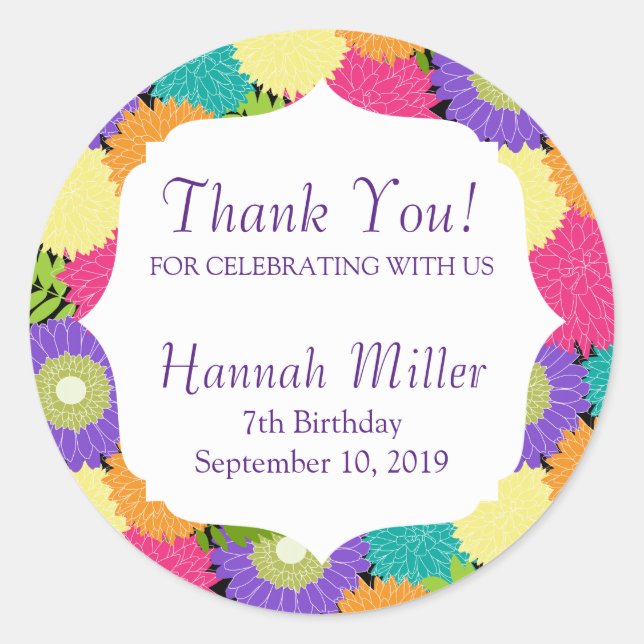 Birthday Party Spring Blooms Thank You Classic Round Sticker (Front)