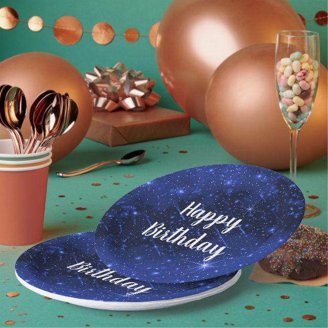 Birthday Party Star Galaxy On Blue   Paper Plate (Multi)