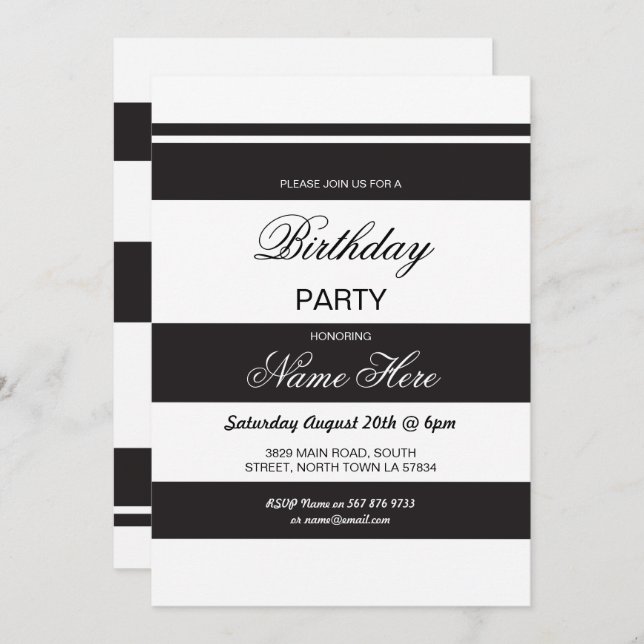 Birthday Party Stripe Black & White Invite 30 40th (Front/Back)