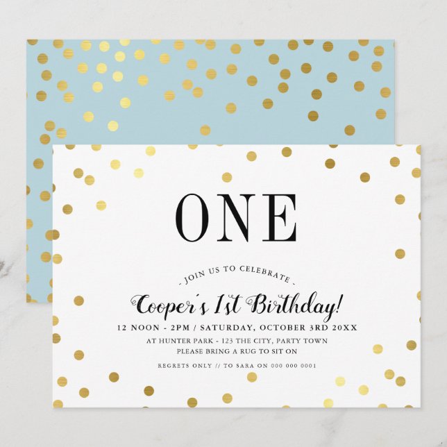 BIRTHDAY PARTY stylish gold confetti blue boy Invitation (Front/Back)