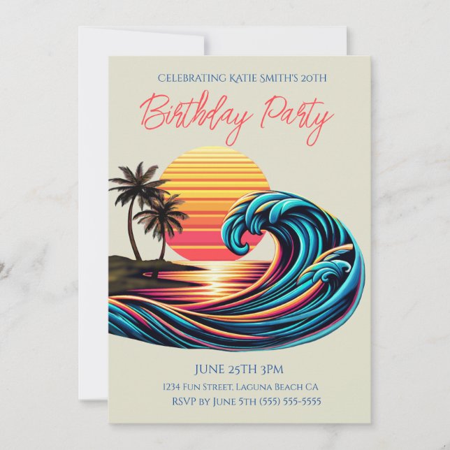 Birthday Party-Sunset Retro Surf Wave Invitation (Front)