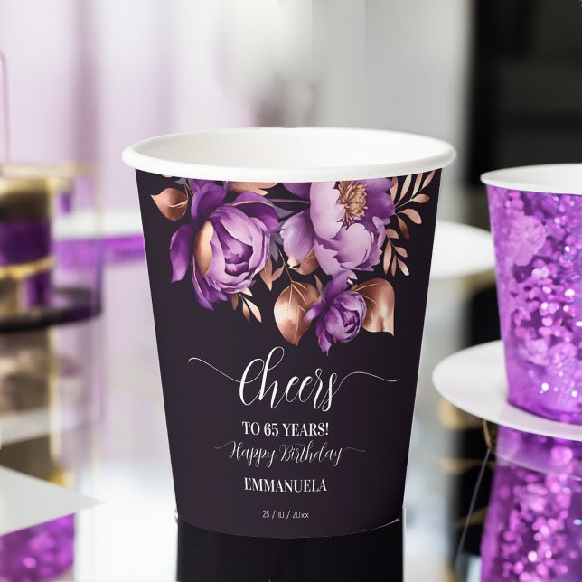  Birthday party tableware purple peonies template Paper Cups (Birthday party tableware purple peonies template Paper Cups personalized party cups 60th birthday)