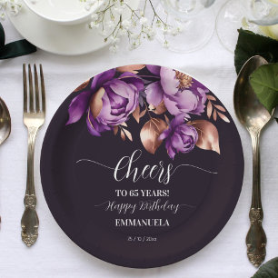  Birthday party tableware purple peonies template Paper Plate