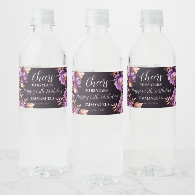  Birthday party tableware purple peonies template Water Bottle Label (Bottles)