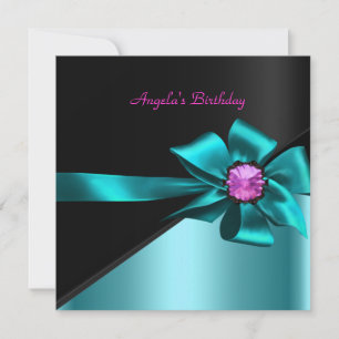 Birthday Party Teal Blue Black Pink Bow Jewel Invitation