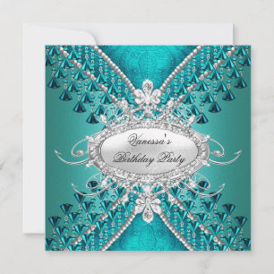 Birthday Party Teal Blue Diamond Beads Invitation