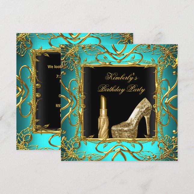 Birthday Party Teal Blue Gold Black Shoe Lipstick Invitation (Front/Back)