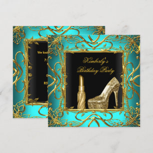 Birthday Party Teal Blue Gold Black Shoe Lipstick Invitation