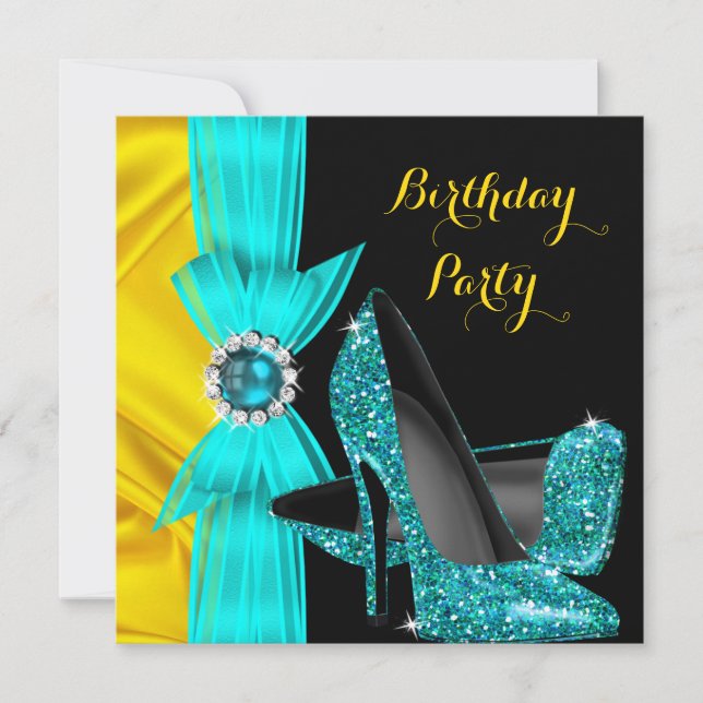Birthday Party Teal Blue High Heels Yellow Silk 2 Invitation (Front)