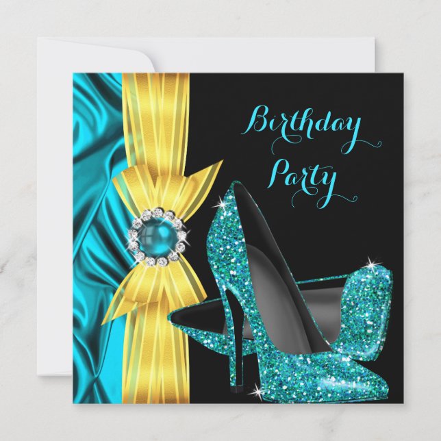 Birthday Party Teal Blue High Heels Yellow Silk Invitation (Front)
