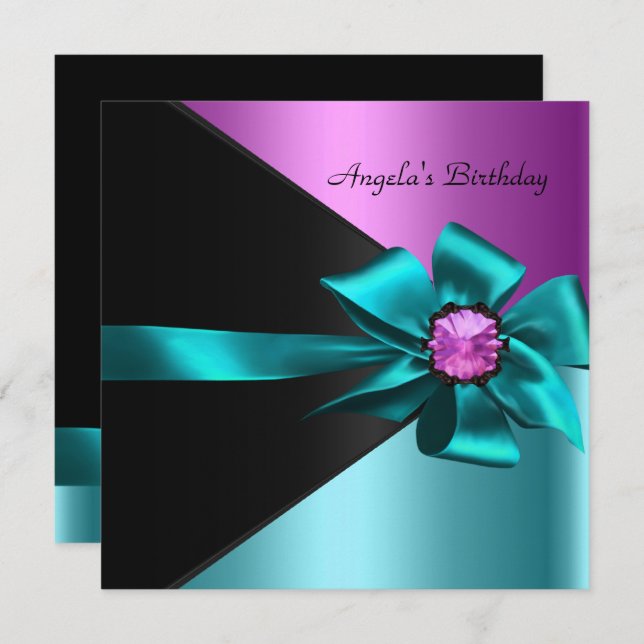 Birthday Party Teal Blue Pink Black Invitation (Front/Back)