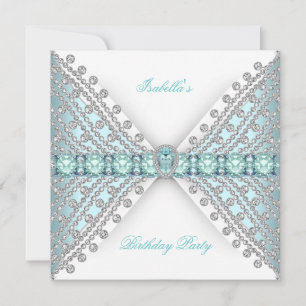 Birthday Party TEAL BLUE Silver White Diamond Invitation