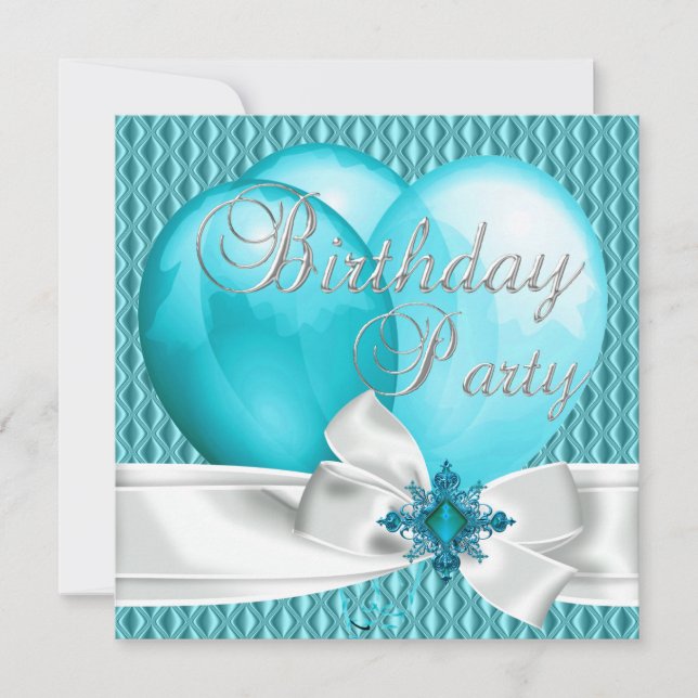Birthday Party Teal Blue White Bow Balloons Invitation (Front)