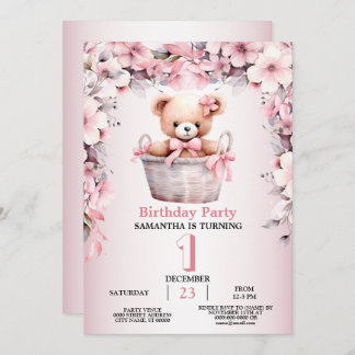Birthday Party Teddy Bear Baby Girl Pink Flowers Invitation