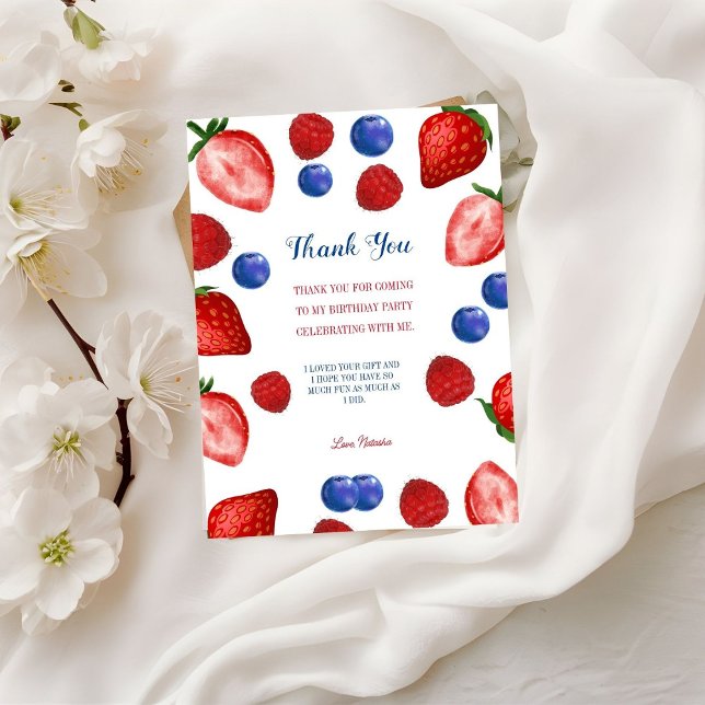 Birthday party thank you script, strawberry themes postcard (Creator Uploaded)