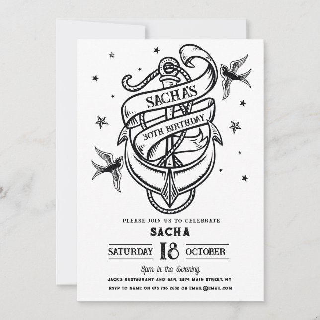 Birthday Party Traditional Tattoo Anchor Rock Invitation (Front)