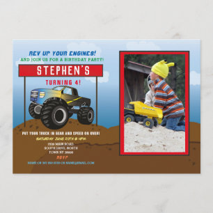 Birthday Party Truck Car Big Monster Blue Photo Invitation