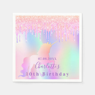 Birthday party unicorn glitter name holographic napkin
