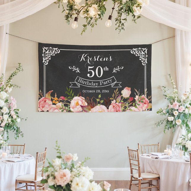 Birthday Party - Vintage Chalkboard Rustic Floral Banner (Creator Uploaded)