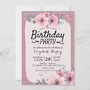 Birthday Party Vintage Pink Watercolor Flowers Invitation