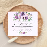 Birthday party violet flowers budget save the date<br><div class="desc">A modern and elegant Save the Date for a milestone birthday celebration. Watercolored violet, lavender background, black text. Decorated with violet and purple flowers. Personalise and add a date and name. The text: Save the Date is written with a large trendy hand lettered style script. 1 sheet = 1 save...</div>