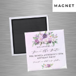 Birthday party violet flowers save the date magnet<br><div class="desc">A modern and elegant Save the Date magnet for your milestone birthday celebration. Watercolored violet,  lavender background,  black text. Decorated with violet and purple flowers. Personalise and add a date and name. The text: Save the Date is written with a large trendy hand lettered style script.</div>