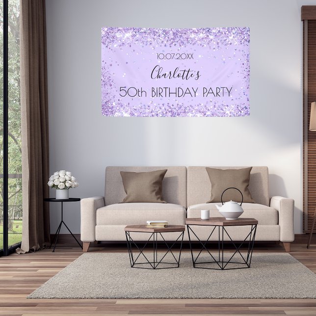 Birthday party violet lavender glitter name banner (Creator Uploaded)