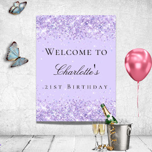 Birthday party violet lavender glitter name poster