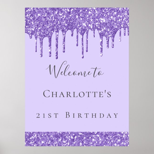 Birthday party violet lavender glitter name poster (Front)