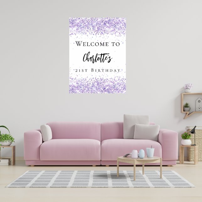 Birthday party violet lavender white glitter name poster (Creator Uploaded)