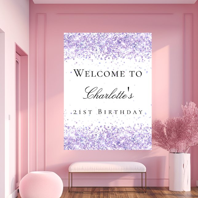 Birthday party violet lavender white name poster (Creator Uploaded)