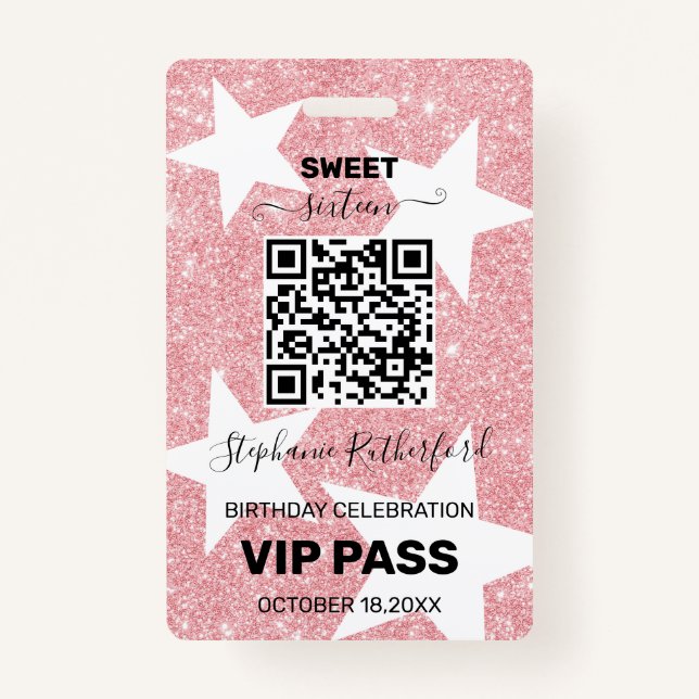 Birthday Party VIP PASS Star Pink Glitter ID Badge (Front)