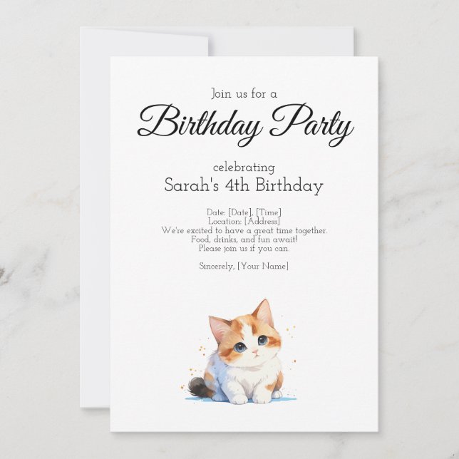 Birthday party, water colour baby calico cat invitation (Front)