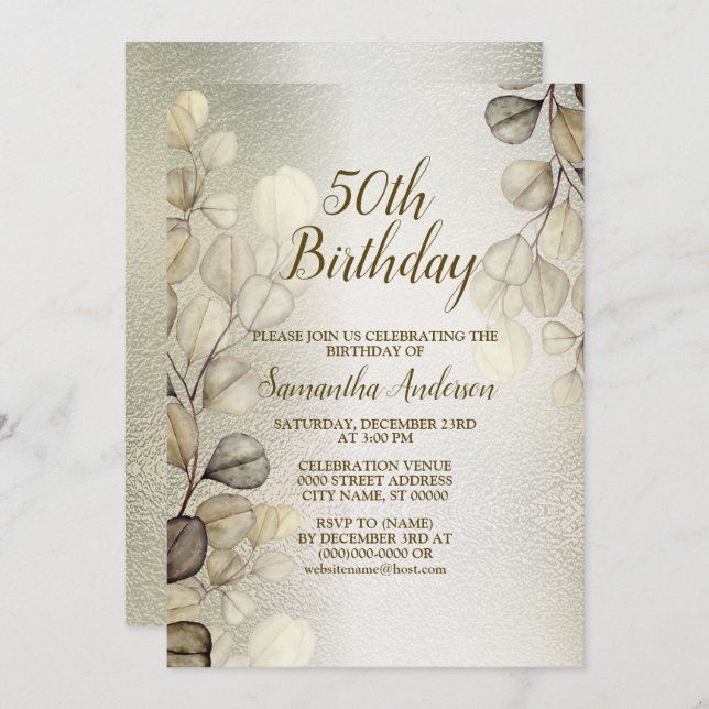 Birthday Party Watercolor Golden Eucalyptus Shiny Invitation (Front/Back)